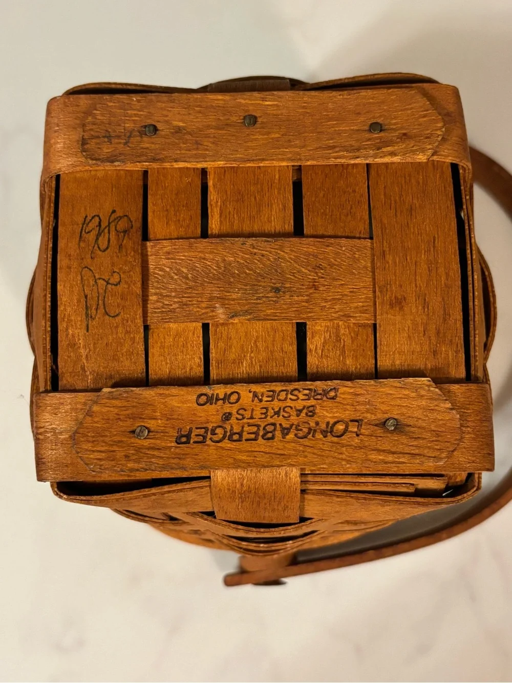 Small Longaberger Woven Wood Basket with Handle, c. 1989